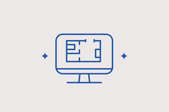 Computer monitor with floor plan line icon for architectural design and digital drafting. Modern vector illustration for cad software and real estate development apps.
