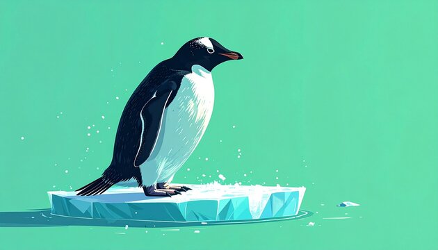 cute emperor penguin standing on melting ice block in turquoise water
