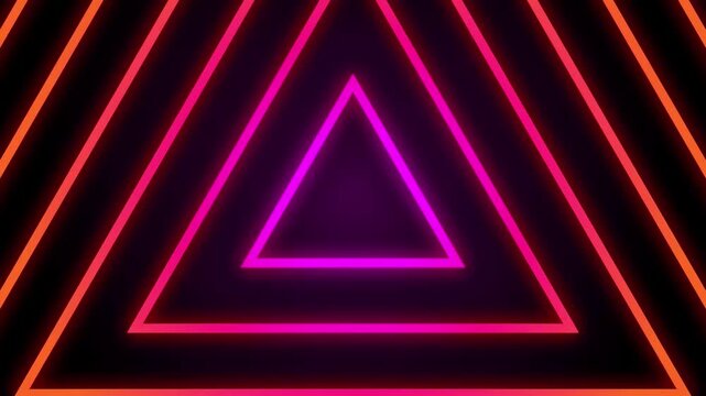 Abstract geometric background with glowing neon pink and orange triangles creating an infinite retro futuristic tunnel effect