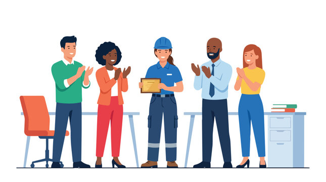 Diverse group of professionals applauding a female worker in a hard hat receiving a certificate, celebrating achievement and teamwork in a modern office setting