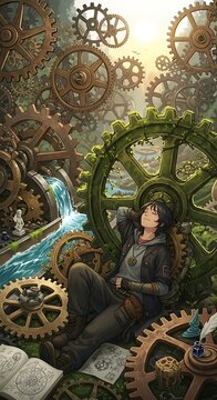 Steampunk Dreamer - A Moment of Respite Amidst Mechanical Wonders.