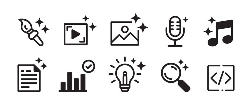 Artificial intelligence icons with AI generate buttons, including photo video audio coding symbols, modern interface elements for apps and websites, transparent background vector design.