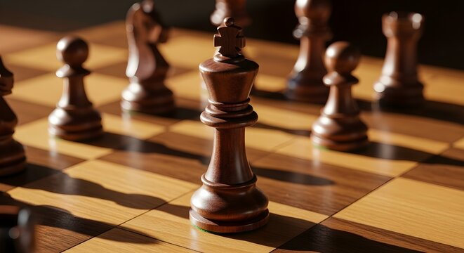 A finely crafted wooden chess king stands resolute on a sun-dappled chessboard, casting long shadows, highlighting the strategic depth and elegant composition of the classic game