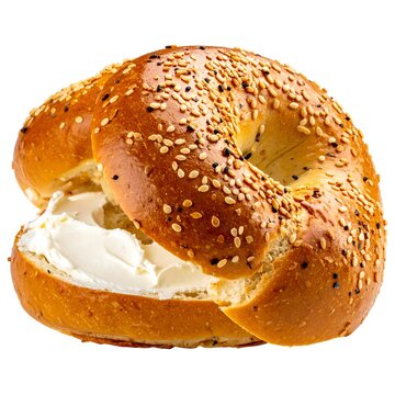 A toasted bagel with cream cheese spread