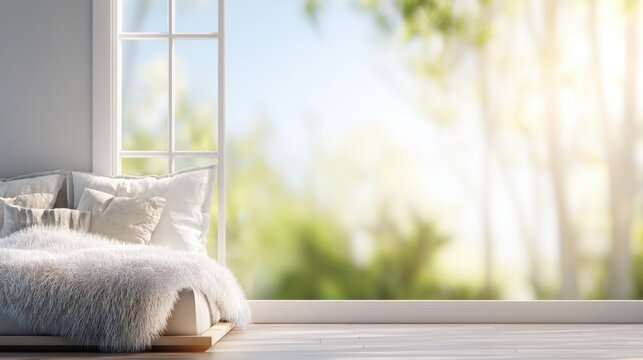 Cozy sunlit room with fluffy cushions, bright window, and serene tree view, ideal for relaxation and inspiration
