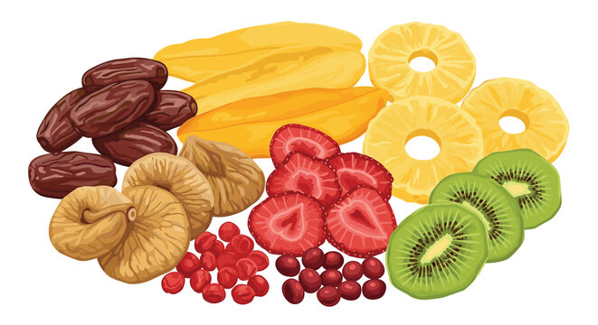 Large assortment of healthy dried fruits including kiwi, strawberries, pineapple, figs, dates, mango, and cranberries on white background.