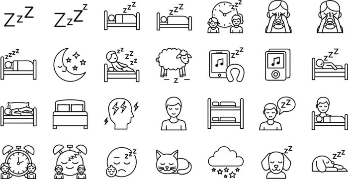 Set of Sleep and Relaxation Icons Representing Rest, Sleep Cycles, and Sleep Disorders