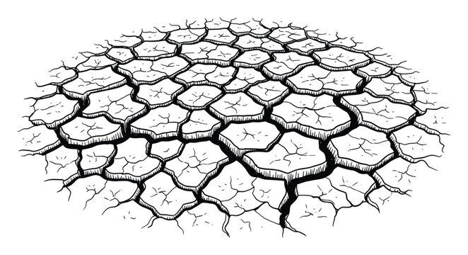 Hand drawn sketch of cracked dry ground texture symbolizing desertification and environmental impact