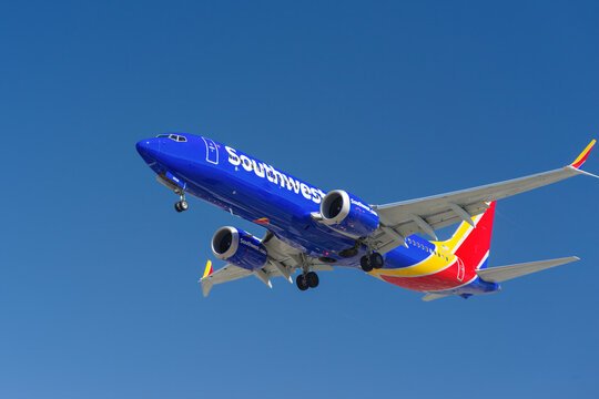 Southwest Airlines Boeing 737 MAX 8 on final approach to LAX in Los Angeles, California.