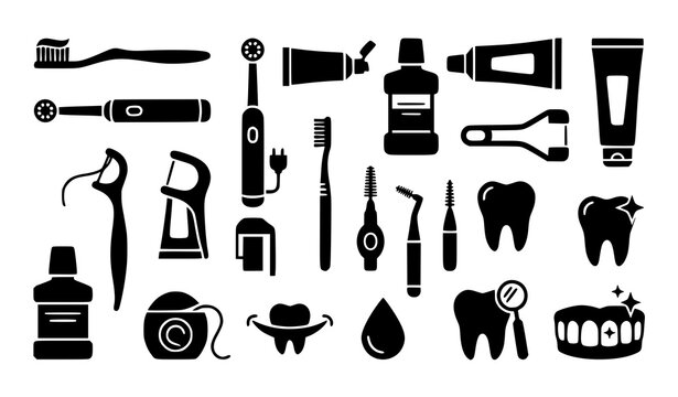 Oral hygiene tools icon collection with toothbrush toothpaste and dental care symbols vector illustration