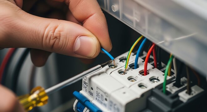 Close-up of Electrical Wiring and Circuit Breaker Panel in Industrial Setting.