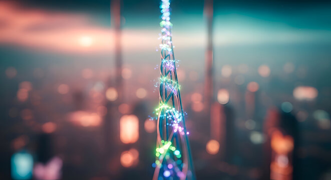 Blurred cityscape with colorful lights tower.