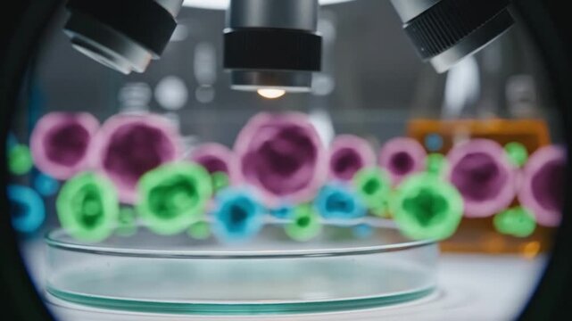 A high-quality 3D medical animation showing the internal anatomy of a biological cell. The camera zooms in to reveal a glowing nucleus and various organelles like mitochondria and ribosomes, suspended