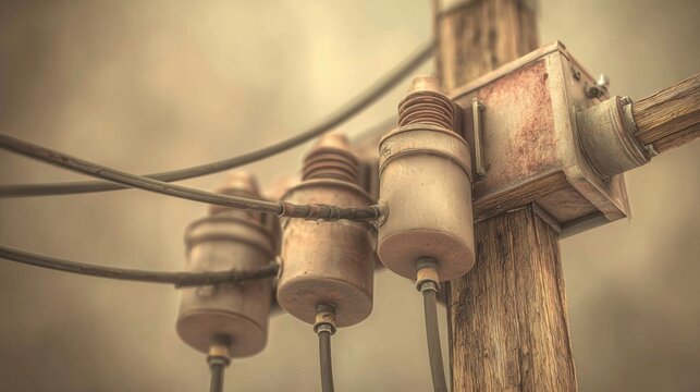 Detailed Close-up of Electrical Insulators and Wires on Weathered Utility Pole in Soft Natural Lighting