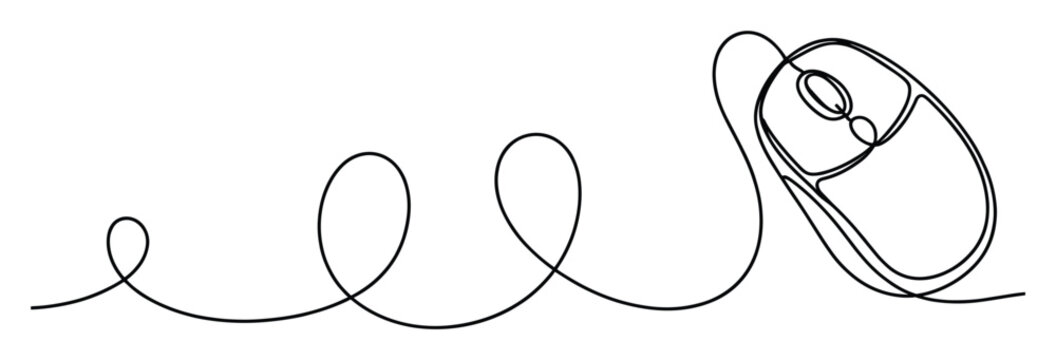Continuous one line drawing of a wired computer mouse for tech communication or digital concepts
