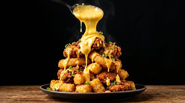 Decadent pile of fried foods tater tots and chicken drenched in creamy cheese sauce garnished with bacon