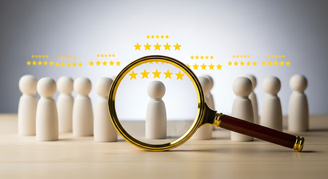 Magnifying glass highlighting a single person figure with stars above, symbolizing excellence, recognition, and outstanding performance in a group setting