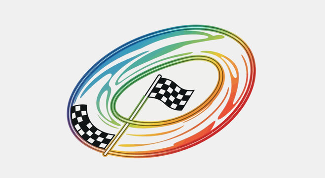 Rainbow oval race track with checkered flag, abstract motion blur, speed and finish line concept