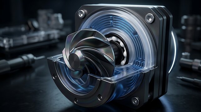 Cross section of a high performance liquid cooling pump showing internal impeller and water flow for advanced computer systems and technology