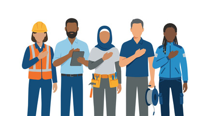 Obraz premium Diverse group of workers standing together with hands over hearts showing unity and appreciation for their country and professions