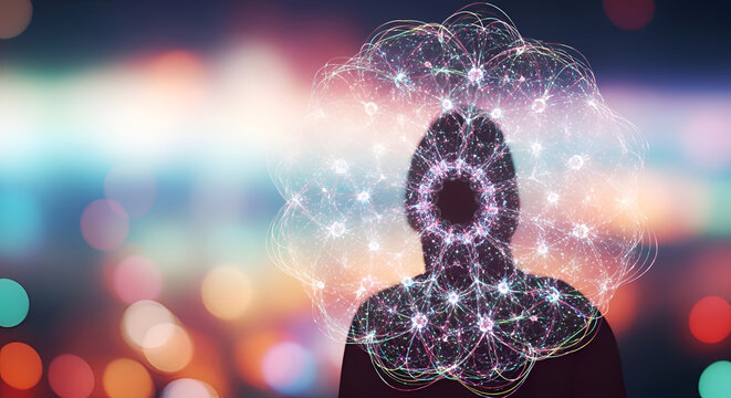 Digital human mind with glowing connections.