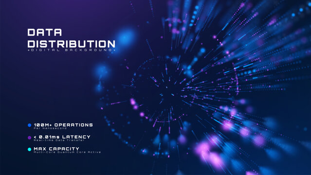 Digital data distribution background with blue glow particle. Fast network transfer concept and dynamic light stream. Vector illustration.
