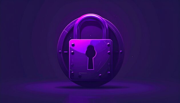 digital security lock icon glowing in futuristic purple cyber environment
