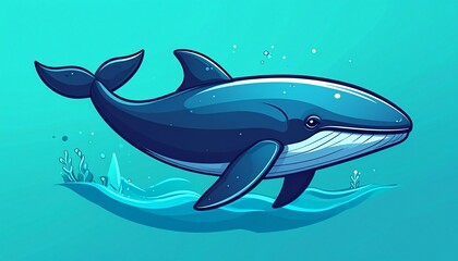 Obraz premium cartoon blue whale swimming underwater in vibrant ocean with bubbles and light rays