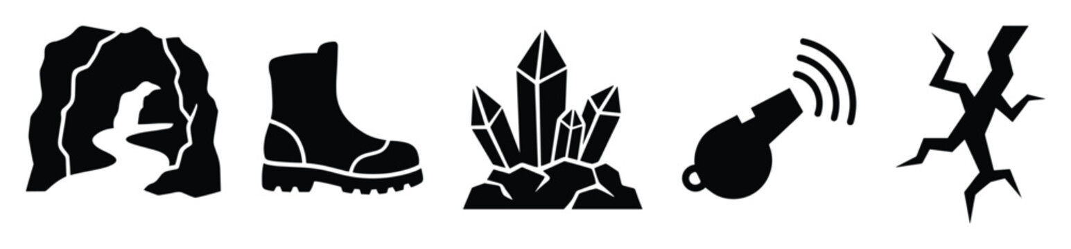 Cave exploration adventure icons set featuring boot crystals whistle and crack for outdoor activity graphics