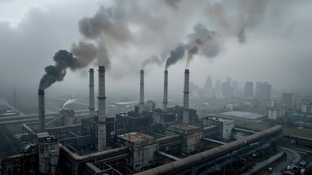 Industrial skyline contrasting with pollution and environmental impact in urban landscape