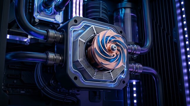 Advanced custom liquid cooling system for computer hardware with illuminated pump and fan components