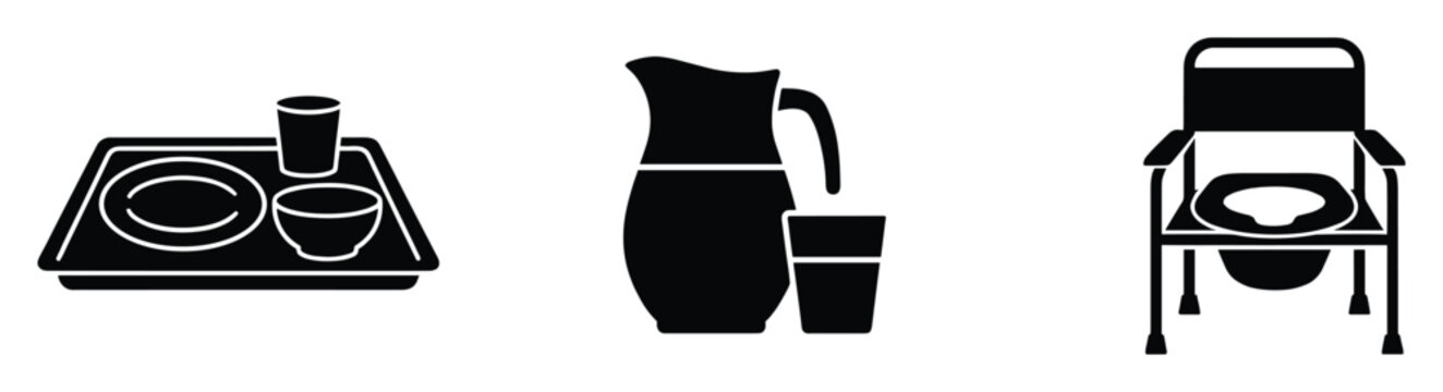 Daily living assistance tools and medical equipment icons for patient care services