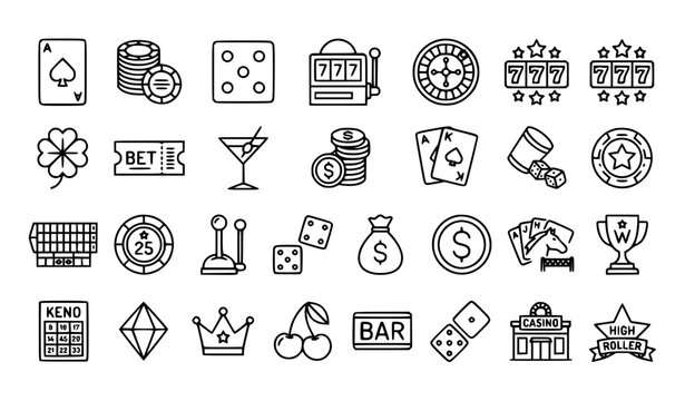 Casino gambling outline icon set with poker chips cards slot machine and editable stroke vector collection