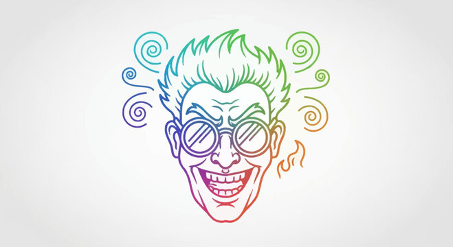 Mad scientist face, crazy expression, rainbow colors, evil grin, swirling smoke, vintage goggles