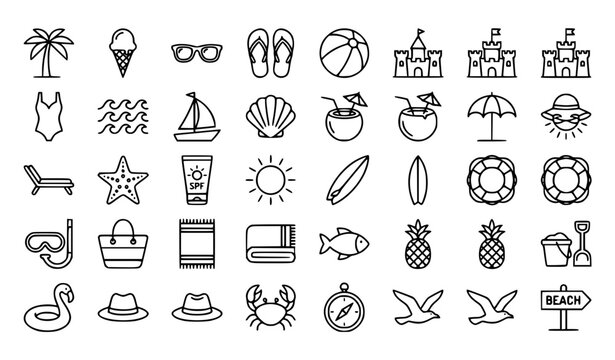 Summer beach outline icon set with palm tree ice cream sunglasses and editable stroke vector collection