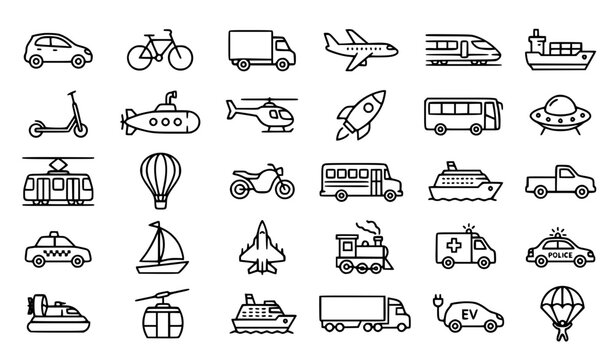 Vehicle and transportation outline icon set with car plane train ship and editable stroke vector collection