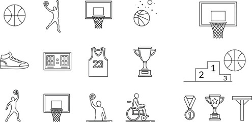 Set of Basketball Icons Representing Sports, Players, Trophies, and Basketball Equipment © PJ DeSign