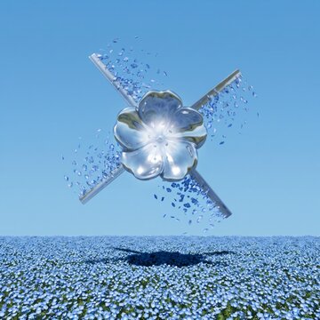 Surreal giant silver chrome flower floating over endless blue flower field for futuristic nature concept