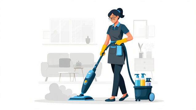 Woman cleaner mopping floor with steam cleaner in modern home interior vector