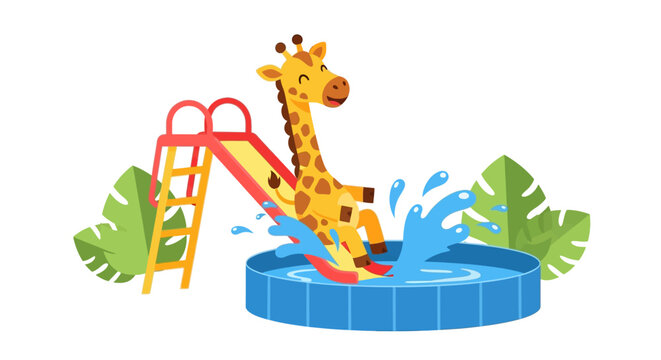 Happy cartoon giraffe sliding down a water slide into a swimming pool with splashes.