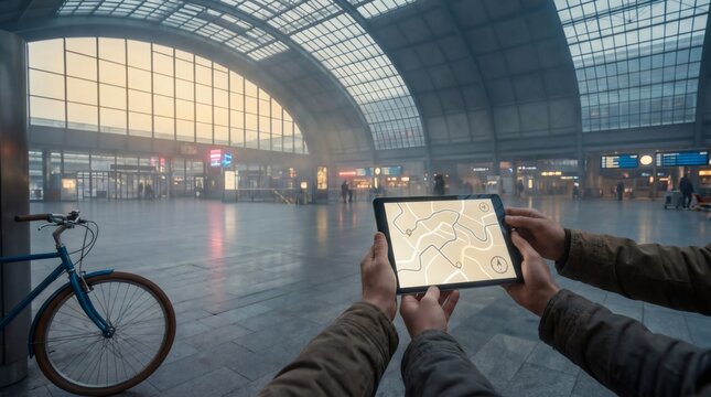Point of view of person holding tablet with digital map in modern train station for travel navigation concept