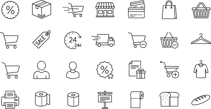 Set of E-commerce and Retail Icons for Shopping, Discounts, Delivery, and Payment Methods