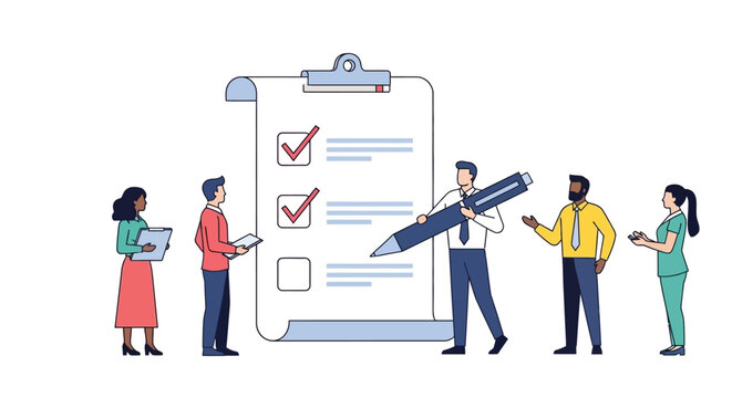 A diverse team of professionals collaborating on a large checklist, marking completed tasks with a giant pen, symbolizing project management and successful task completion.