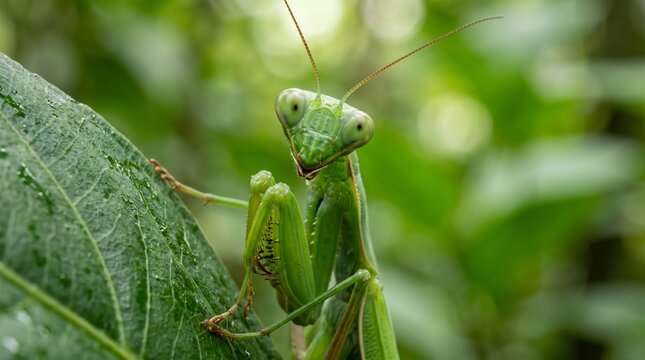 Extreme Macro Close Up Portrait of a Green Praying Mantis on a Leaf