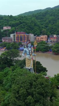 Vertical Aerial View of Lord Shiva Statue at Har Ki Pauri Haridwar India