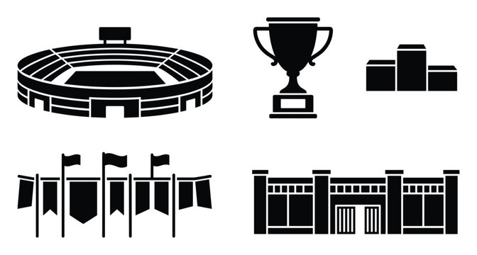 Sports competition glyphs stadium, trophy, podium, flags, and arena for event success