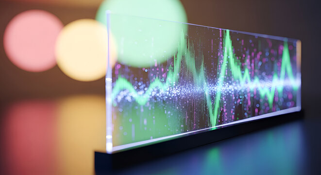 Glowing digital waveform on screen display.