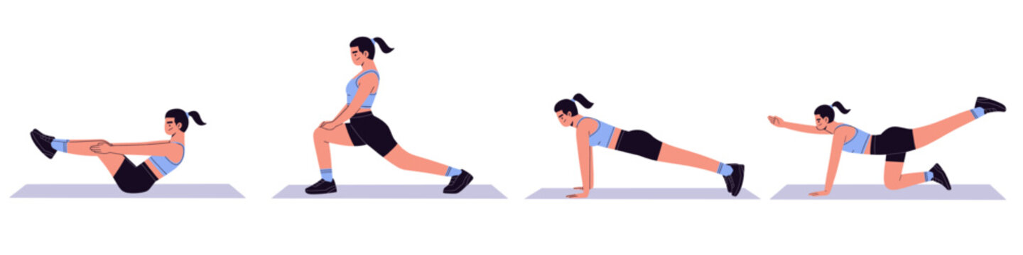 Flat vector illustration of a woman doing fitness exercises on yoga mat, home workout routine. sport activity set for wellness, training program and gym practice design