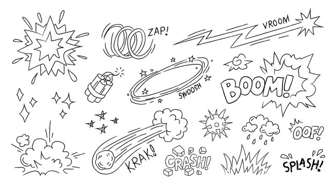 Comic book sound effects and explosion element set. Isolated vector illustration of hand-drawn black and white onomatopoeia, speech bubbles, and action graphics for manga and pop art design.