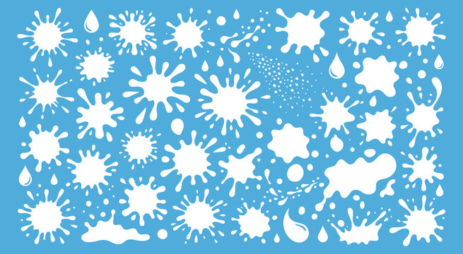 Milk splash and liquid blot icon set. Isolated vector illustration of various white creamy liquid splashes, drips, and drops on blue background for dairy product branding and design.